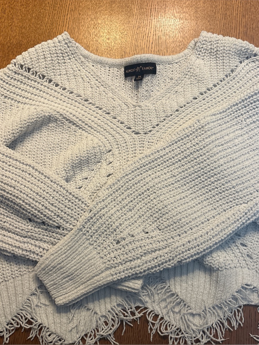 Almost Famous white Fringed V-Neck Knit Sweater